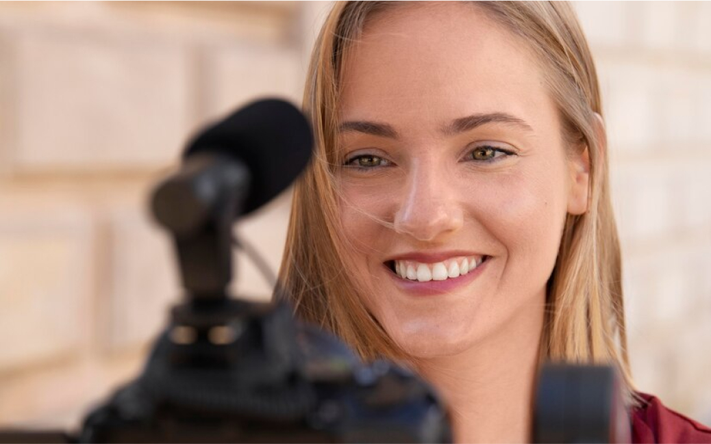 mulher sorrindo em frente a uma câmera